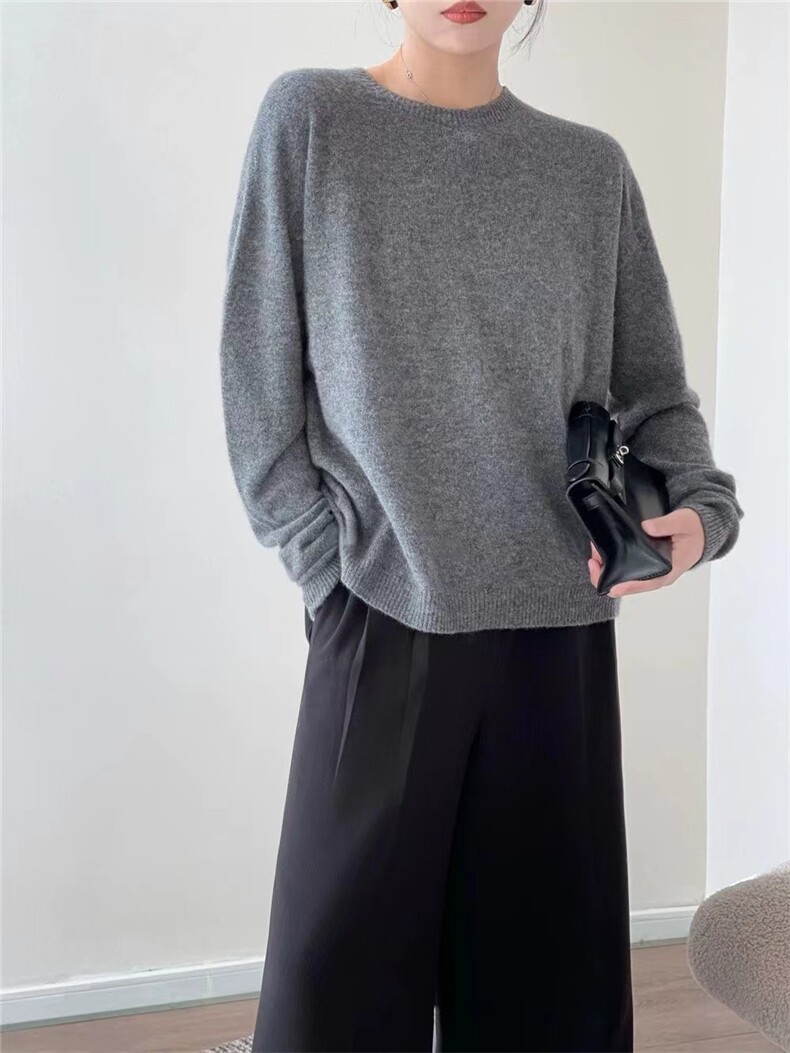 春秋新款宽松慵懒风软糯长袖针织衫罩衫韩系圆领套头毛衣上衣女,针织衫/毛衣,半城羊绒