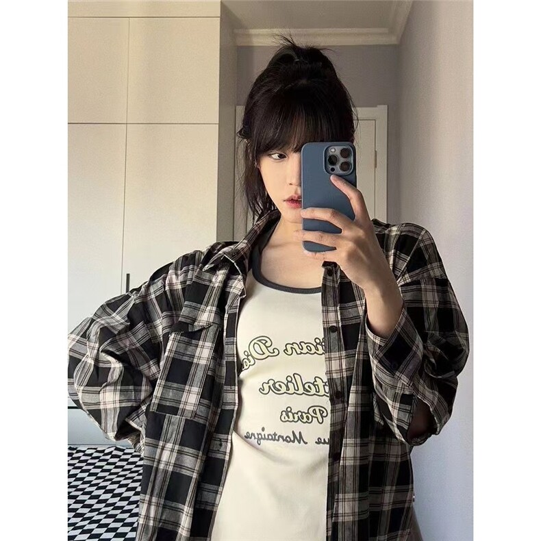 格子防晒衬衫女秋季bf慵懒风衬衣外套设计感小众长袖上衣,男装衬衫,星座1210-1