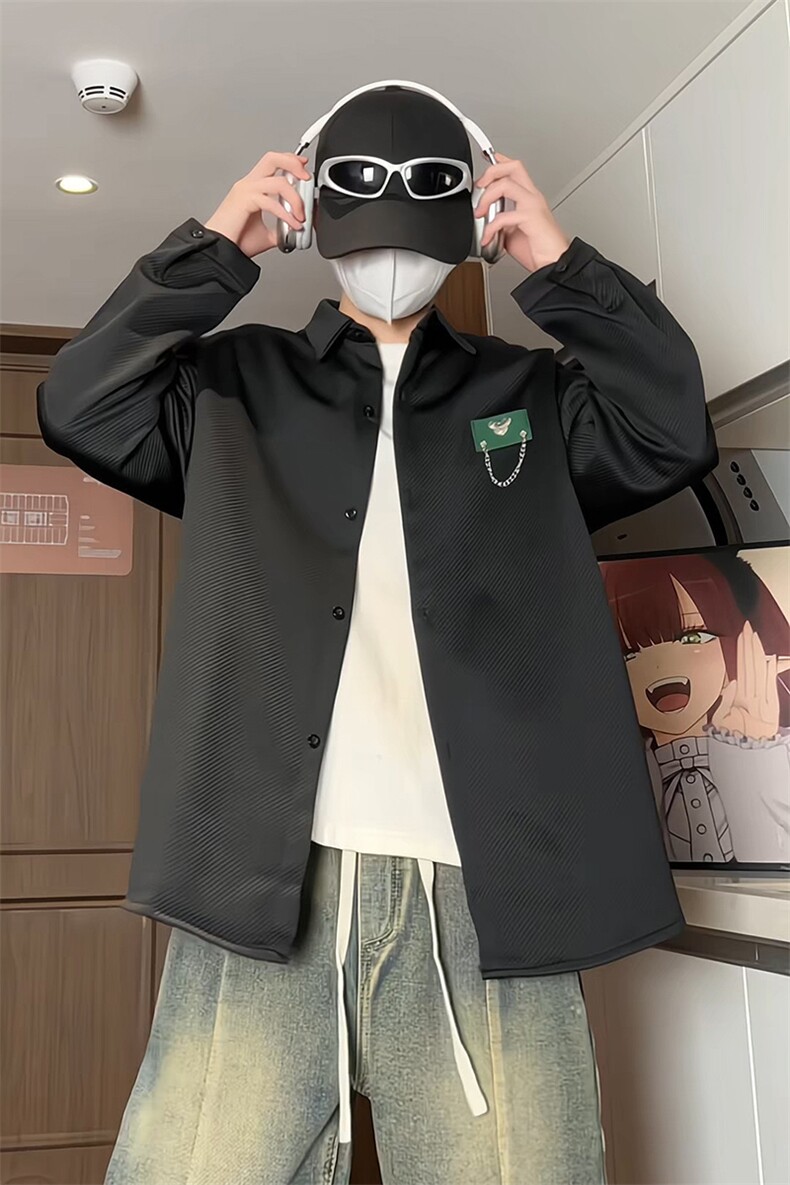 港风宽松挂链长袖衬衫男KD500-P50,男装衬衫,电商D312-1