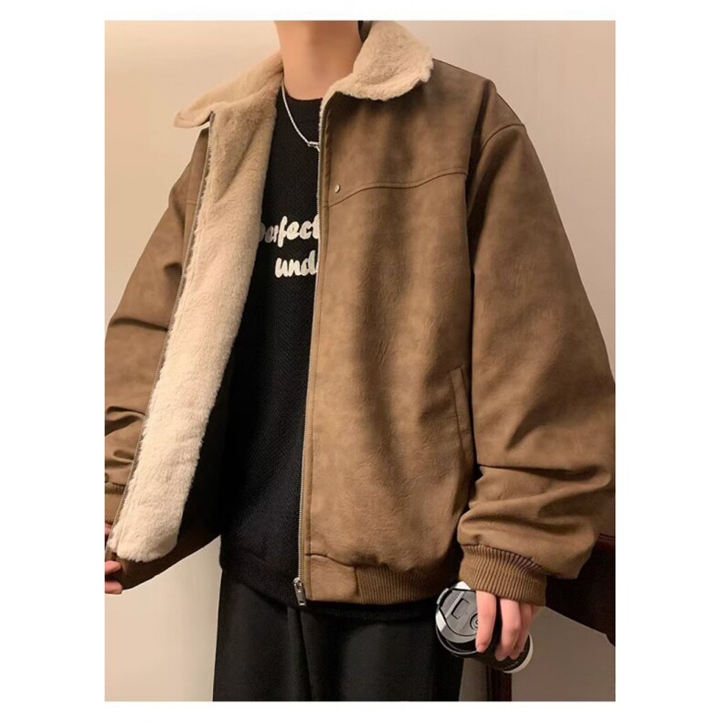 美式复古棕色皮衣外套男秋冬季潮牌高级感夹棉加厚羊羔绒夹克棉衣,男装夹克,星座506A