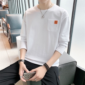 新款男士长袖t恤衣服口袋贴标假两件打底衫DT图片