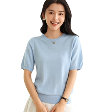 100%纯棉针织短袖女士2025夏季新款全面吸汗T恤圆领套头体恤上衣，女装T恤，伊绒腾羊绒