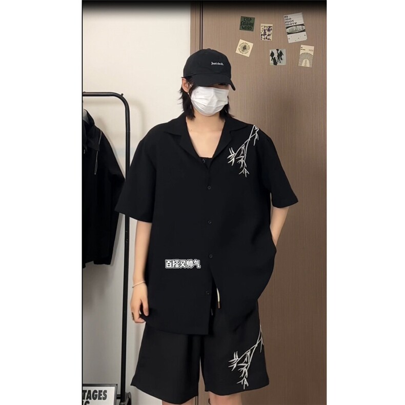 2025夏款风翻领短袖衬衫竹子绣花休闲短裤套装TZ505-P60,男装衬衫,电商A006