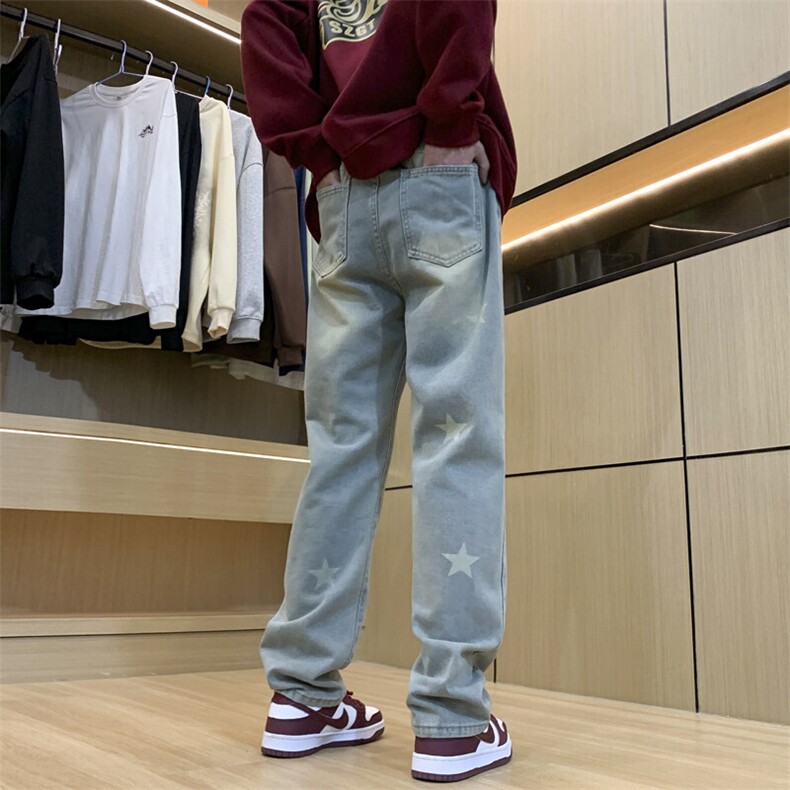 美式hiphop纯色星星装饰修身直筒牛仔裤,男装牛仔裤,星座310A-4