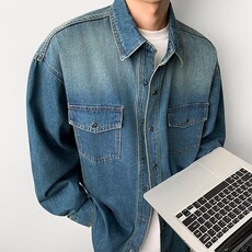 美式复古水洗渐变莱赛尔长袖牛仔衬衫男2025春季宽松翻领衬衣外套，男装衬衫，星座410-6（原星座1304-1）