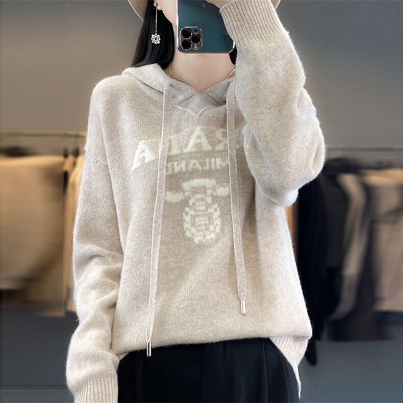 拼色连帽100%纯羊毛帽衫女23秋冬新款长袖针织毛衣宽松打底羊绒衫，女装羊毛衫，邦太羊绒