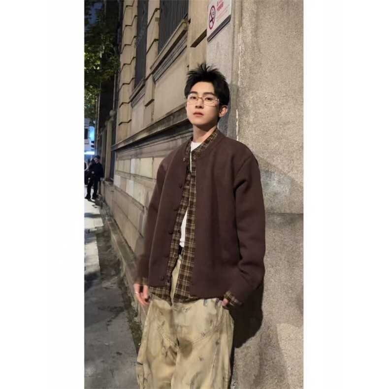 现货~龙叨叨老钱风假两件格纹拼接长袖针织开衫外套MY2573批88,女装短外套,星座1411A-6