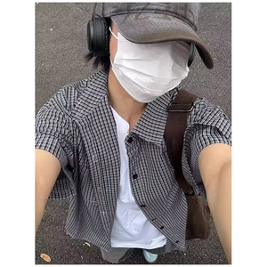 【现货】DC75-特批28潮流美式蓝色格子短袖衬衫男生套装原宿新款,男装休闲套装,星座603-2