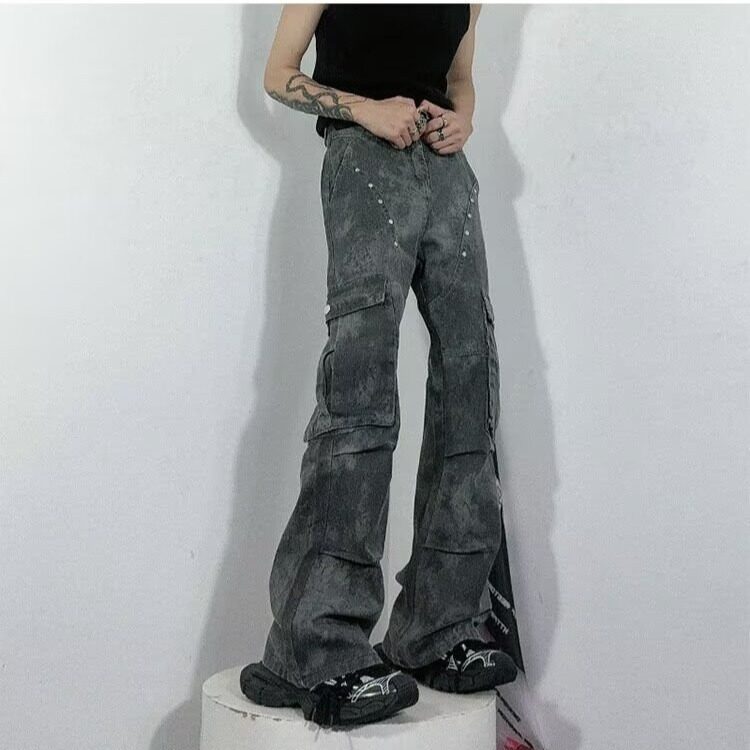 网图现货高街设计感宽松阔腿牛仔裤男宽松工装长裤子RKU76-P65图片
