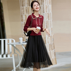 《新品》多色可选假两件针织网纱连衣裙，女装连衣裙，魅丽静蓝