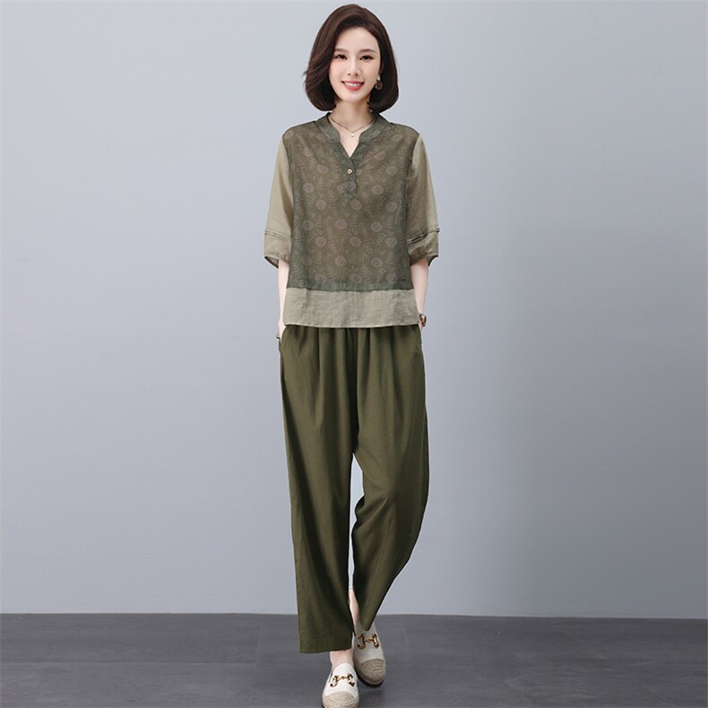 苎麻休闲套装女夏2025新款大码中年妈妈小个子洋气减龄棉麻两件套,女装套装/套裙,忆绮罗