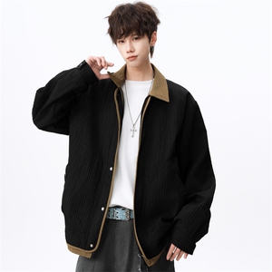 撞色假两件翻领夹克男2026春季宽松复古休闲外套潮J2606 P85控118图片
