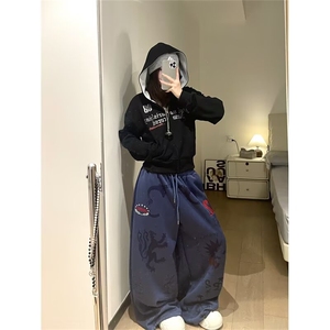 美式街头松紧腰印花直筒卫裤男女生年秋季新款时髦小众别致弯刀裤图片