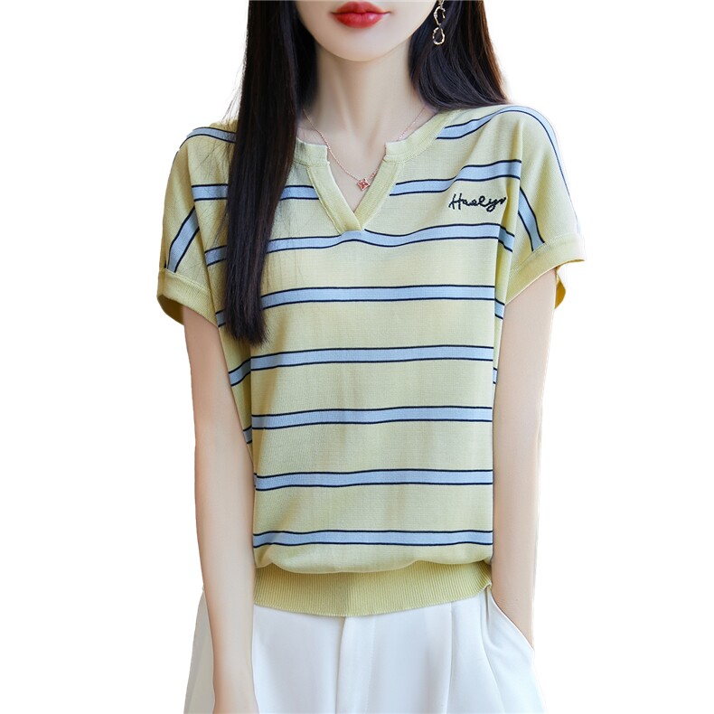 半开V领莱赛尔天丝针织短袖T恤女条纹拼色刺绣上衣宽松半袖打底衫,针织衫/毛衣,唐诺