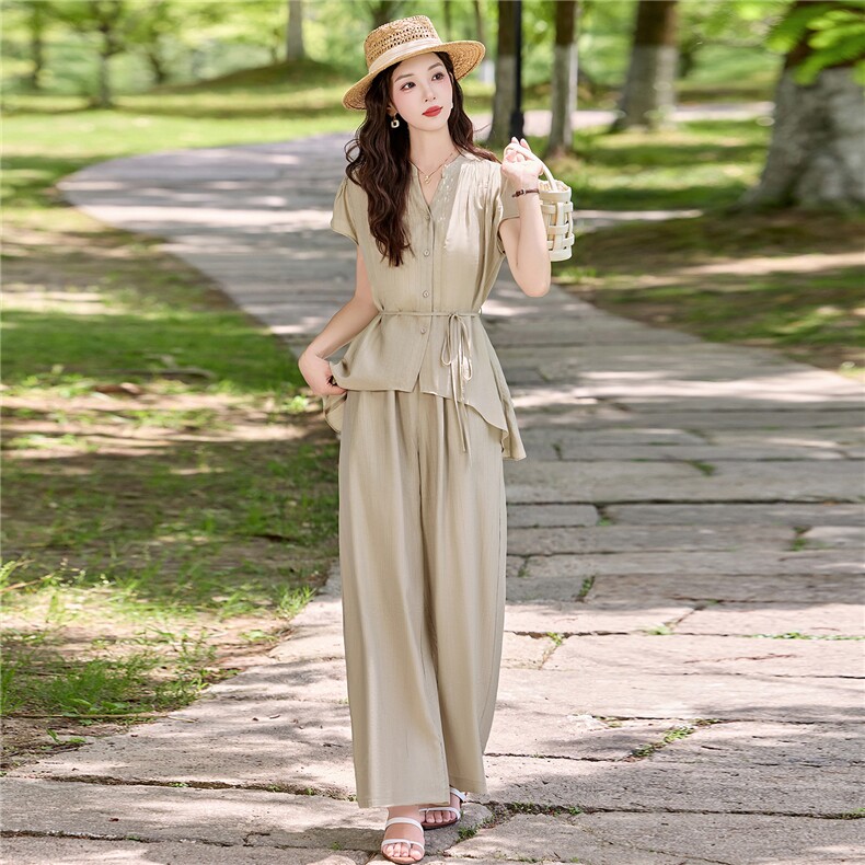 老钱风V领短袖显瘦阔腿裤两件套,女装套装/套裙,鑫鑫美