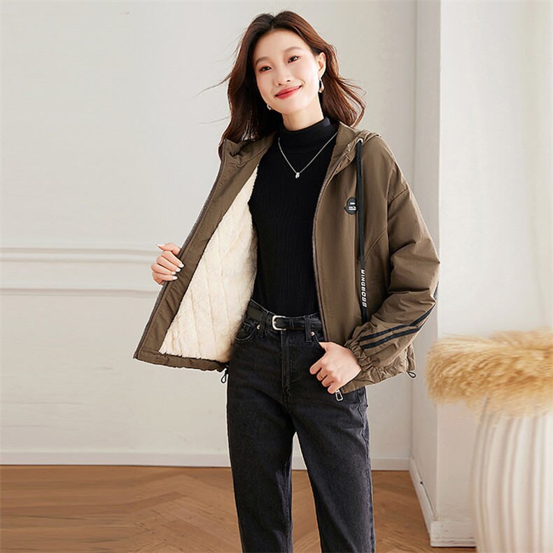连帽工装加绒派克服外套女冬季2024新款宽松休闲短款加厚保暖棉服,女装棉衣/棉服,以桐