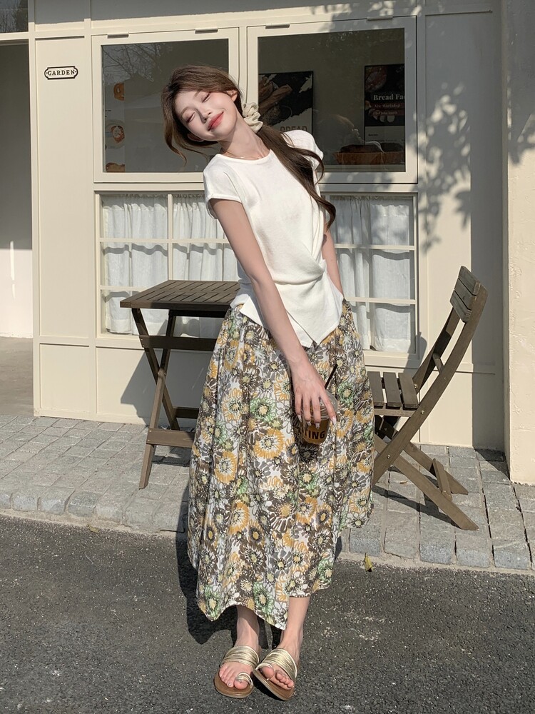 轻熟风设计感t恤套装裙女夏新款小个子显瘦休闲碎花半身裙两件套,女装套装/套裙,浙宝208A