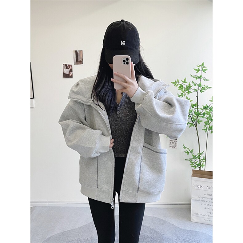 抖音得物高品质秋冬美式高街重磅结构辑明线纹理连帽卫衣外套W111,女装短外套,电商A486-1