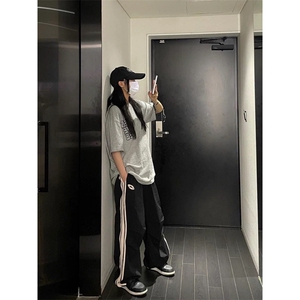 复古休闲裤女春季新款侧边速干阔腿运动裤宽松伞兵裤子MKF503 P39图片