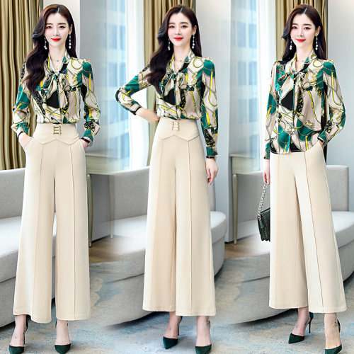 春夏新款印花系带舒适透气衬衣搭高腰阔腿裤洋气减龄两件套高级感，女装套装/套裙，卡杰菲
