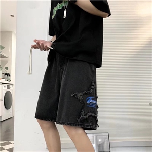 复古做旧直筒五分牛仔裤男潮牌夏季街头宽松阔腿短裤DK162-P40图片