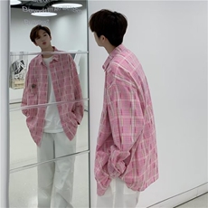 粉色格子衬衫男2024春秋季高级设计感长袖衬衣日系阳光情侣装外套，男装衬衫，星座601-2