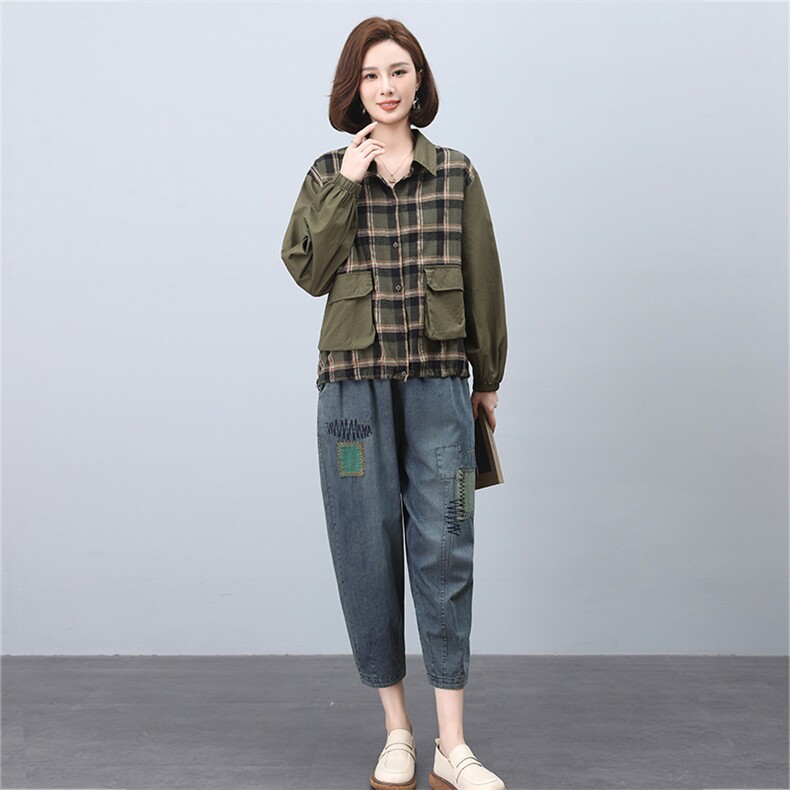 时尚格子拼接宽松休闲套装女秋冬季新款韩版显瘦长袖两件套裙子,女装套装/套裙,叶笙衣