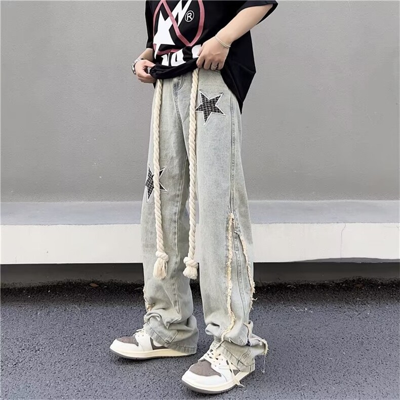 美式vibe裤子高街水洗牛仔裤男设计感小众拉链裤T1641P50,男装牛仔裤,星座1116-2