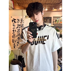 夏季美式高街重磅纯棉三条杠织带撞色男女短袖T恤ZD553-特P30，男装T恤，电商A486