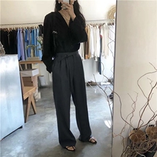 高腰可调节腰带直筒休闲垂坠感阔腿西裤，女装休闲裤，湘姗