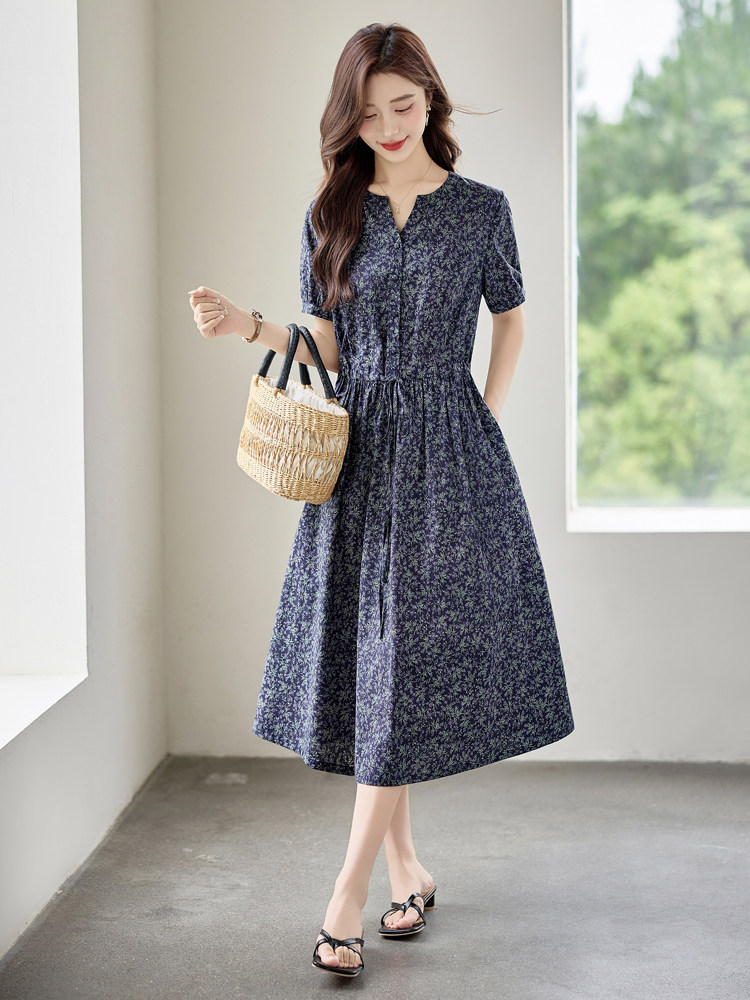 时尚碎花棉麻短袖连衣裙女2026夏季新款收腰显瘦休闲气质V领裙子,女装连衣裙,倪叶myz