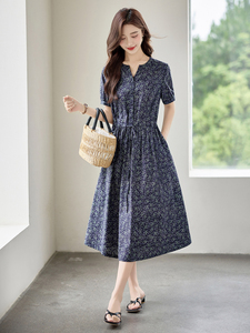 时尚碎花棉麻短袖连衣裙女2026夏季新款收腰显瘦休闲气质V领裙子图片
