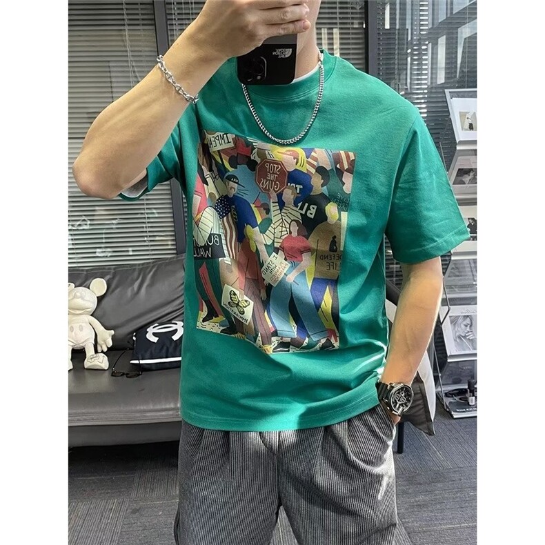 夏季红印花圆领短袖T恤男士修身纯棉半袖体恤潮流百搭T恤男,男装T恤,星座1210-1