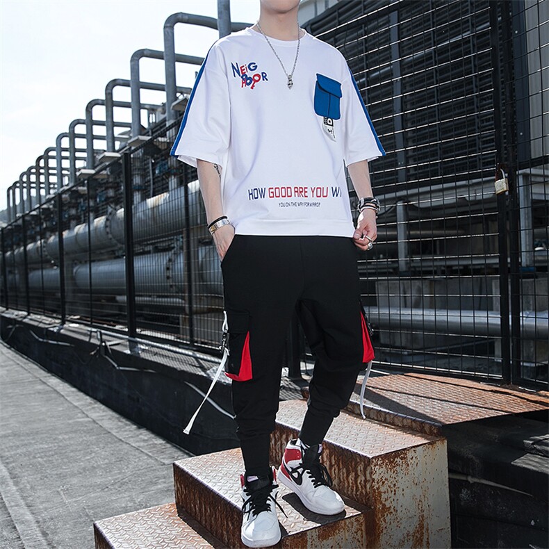 2023夏季潮流时尚T恤男装青少年宽松棉质ins圆领套装F160P75,男装休闲套装,电商A086
