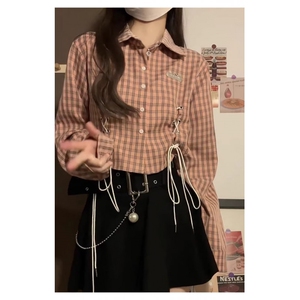 粉色格子长袖衬衫女早秋美式复古学院风绑带Polo领辣妹短款上衣女