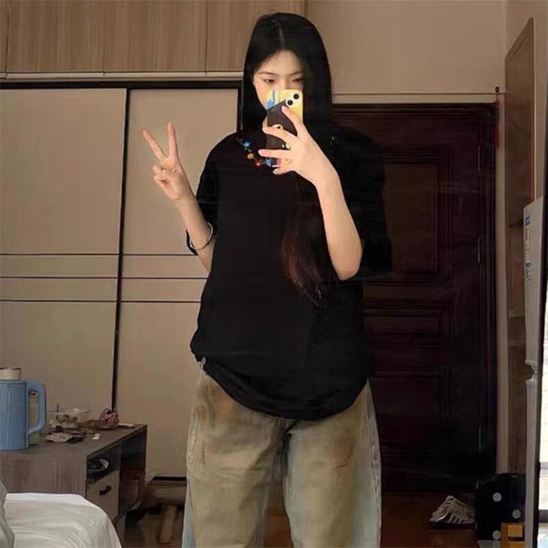 万针全刺绣工艺抖音得物高品质260克重磅纯棉双纱美式高街短袖T恤,男装T恤,电商A486-1