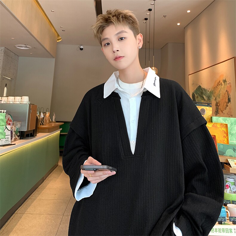 2026春季假两件衬衫领卫衣男肌理感大码宽松上衣W2344-特P60控108图片