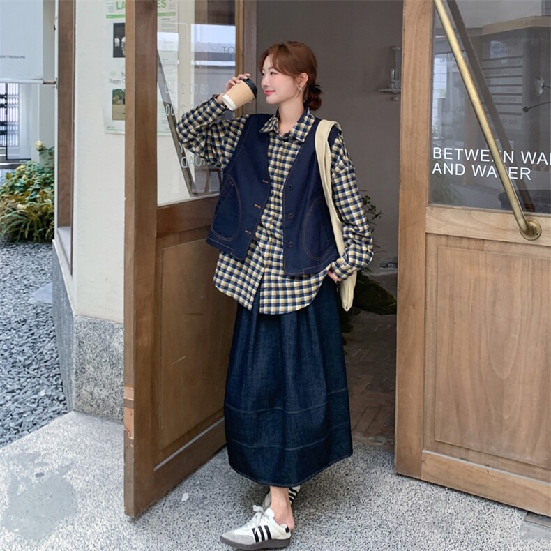 盐甜系穿搭格子衬衫牛仔套装女秋季2025新款休闲马甲半身裙三件套,女装套装/套裙,2C112
