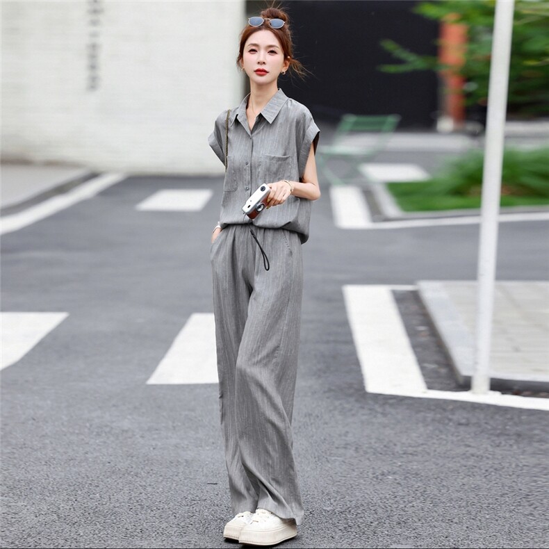 FALVLITE显瘦穿搭衬衫领休闲套装女夏季新款小个子时尚气质两件套,女装套装/套裙,梦依杭