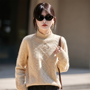 立体提花100%纯羊毛衫女重磅加厚半高领纯色针织衫秋冬新款打底衫，女装羊毛衫，吉高羊绒