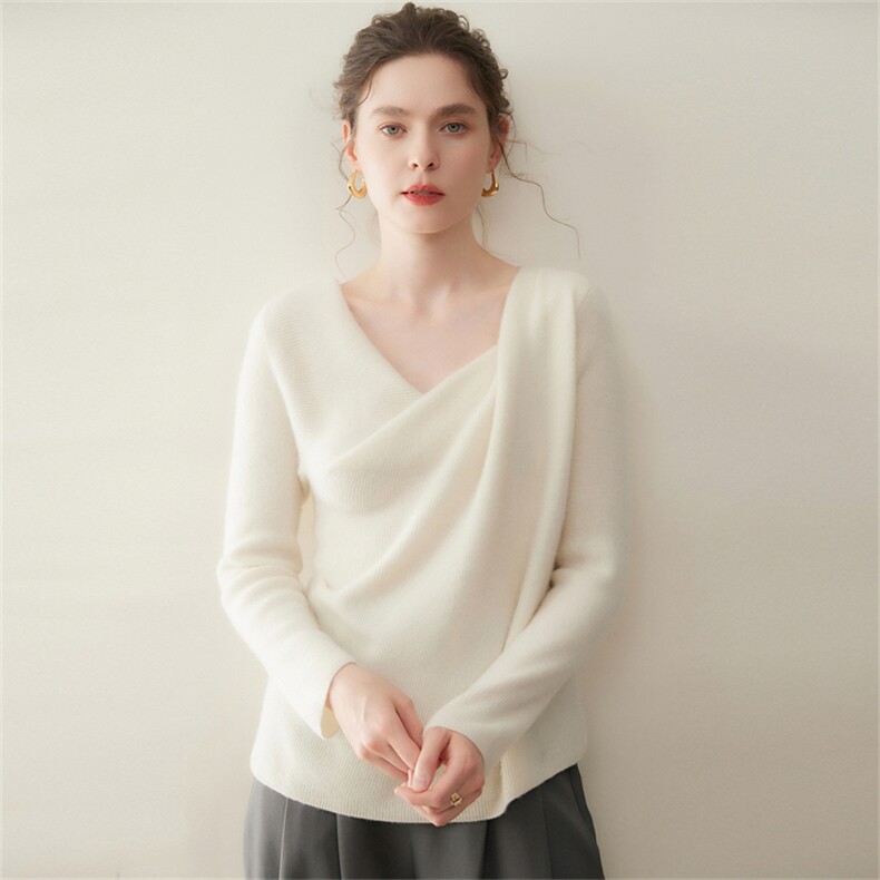 2025年秋季新款十二针不规则荡领针织上衣时尚休闲通勤百搭，女装羊绒衫，澳煜绒