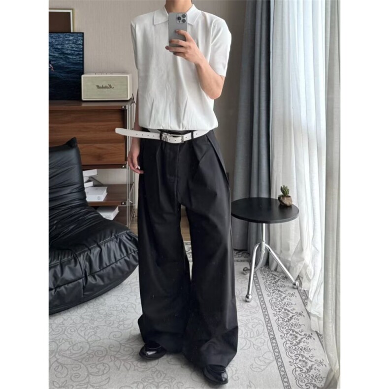 老钱风双压褶垂感西裤阔腿裤廓形设计感宽松垂感休闲裤LB0699-P48，男装西裤，星座1008