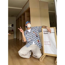 蓝色格子棉麻衬衫女夏季设计感木耳边甜美娃娃衫宽松泡泡短袖上衣，男装T恤，星座1210-1