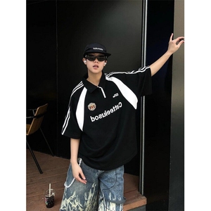 复古polo衫短袖t恤男女夏季撞色拼接字母印花半袖男 TL14图片