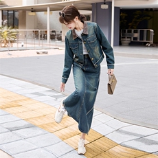 潮牌复古时尚牛仔套装女2024春秋新款洋气炸街短外套阔腿裤两件套，女装套装/套裙，潮流依族
