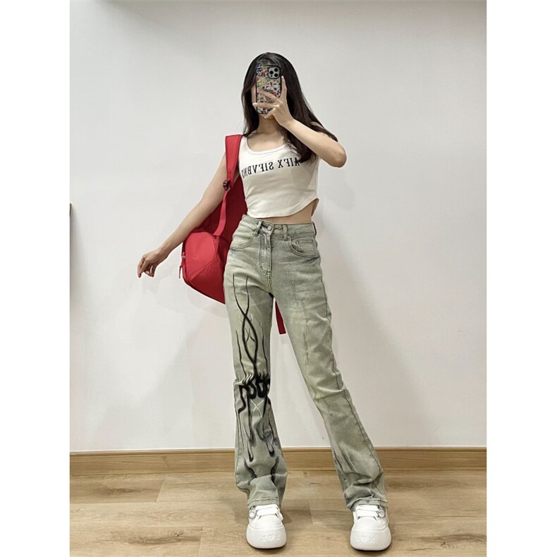 【有货】美式高街黄泥色牛仔裤男女直筒火焰残影裤子NZ05HH-特P58,男装牛仔裤,星座1007（原301D）
