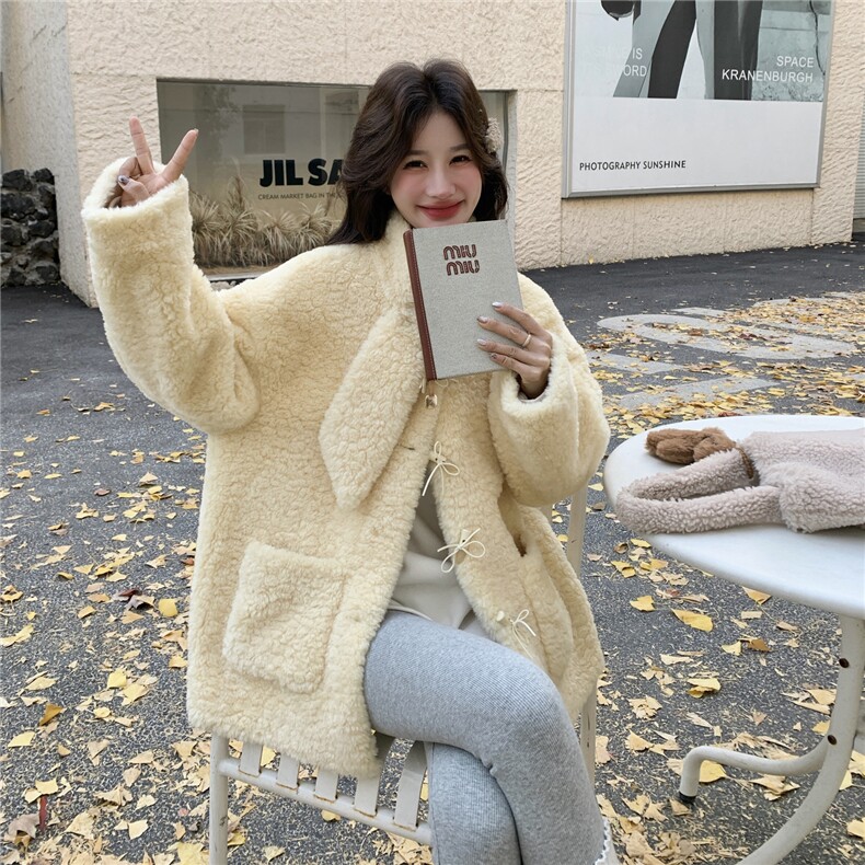 奶fufu黄色羊羔毛外套女2025年冬季新款超好看小个子加绒加厚棉服,女装皮草,2C056