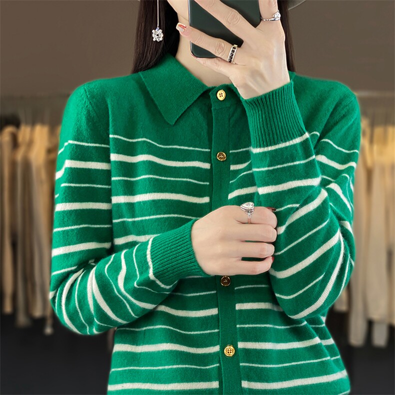 新款100羊毛Polo衫女拼色条纹针织打底衫宽松外套秋冬毛衣,女装羊毛衫,朝辰羊绒