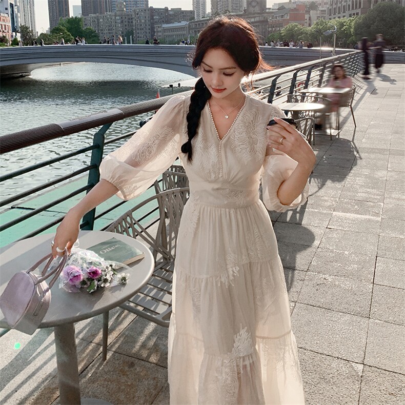 法式气质仙女连衣裙女装2025夏季新款灯笼袖初恋收腰大摆长款裙子,女装连衣裙,天使之佳话