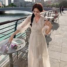 法式气质仙女连衣裙女装2025夏季新款灯笼袖初恋收腰大摆长款裙子，女装连衣裙，天使之佳话